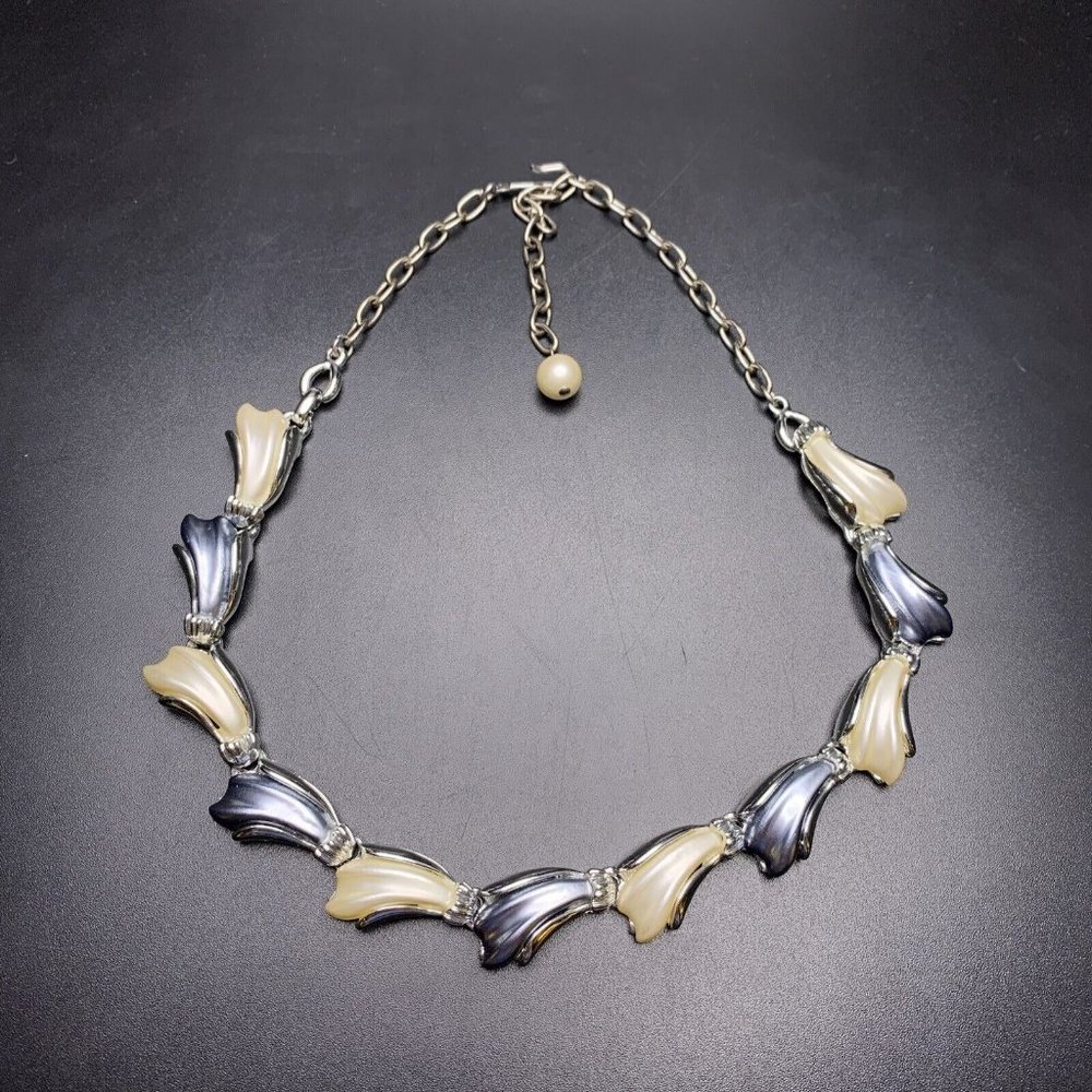 Blue Cream Silver Tone Link Choker Collar Necklace Earrings Demi Parure - Picture 5 of 11